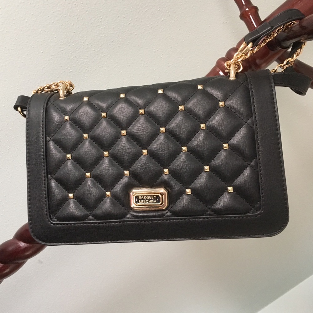 NWT Badgly Mischka black stud handbag with chain.